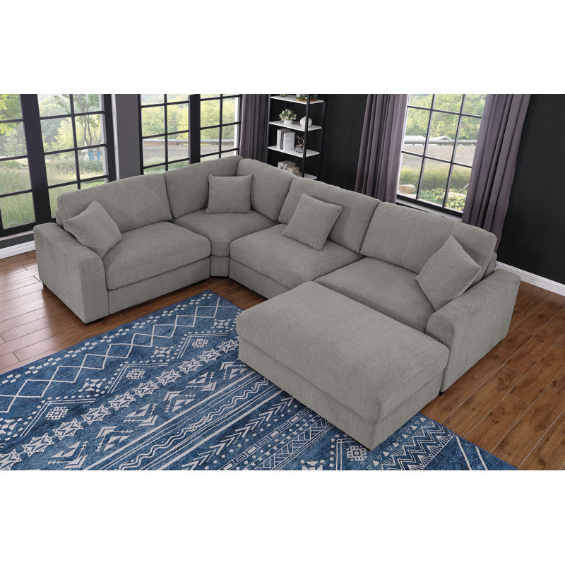 Angellee Modern Upholstered Sectional Sofa 5-seat Modular Wedge Couch w/ Ottoman & 4 Pillows, Light Gray Polyester Blend