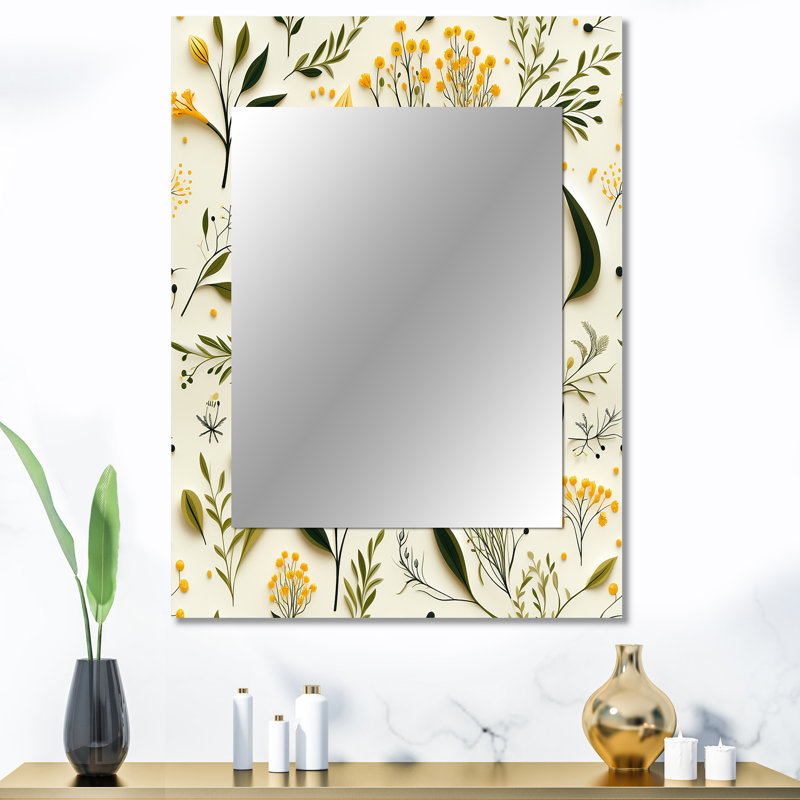 Ariunna - jaune et vert, simplicité florale - miroir floral, miroir mural décoratif floral, impression d'art en métal
