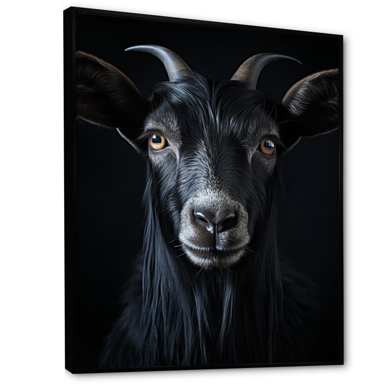 Portrait de chèvre Lakenzie en noir et blanc sur toile, H 44 po x l 34 po x P 1,5 po, Cadre flottant noir