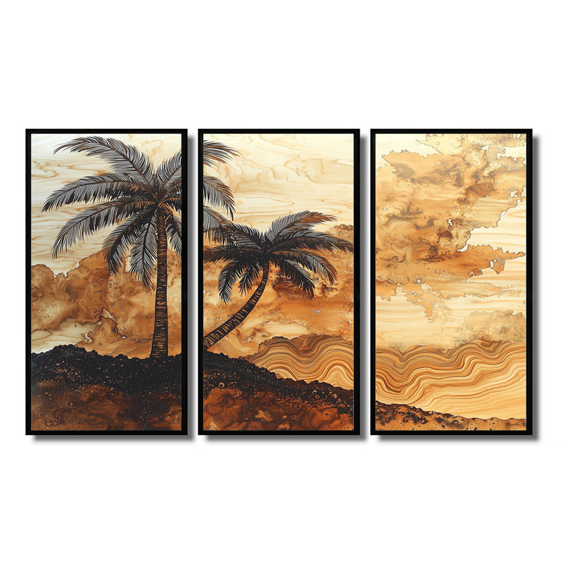 Palmier en cuivre sur bois, paysage III - palmiers, art mural - 3 panneaux, H 32 po x l 48 po, Noir