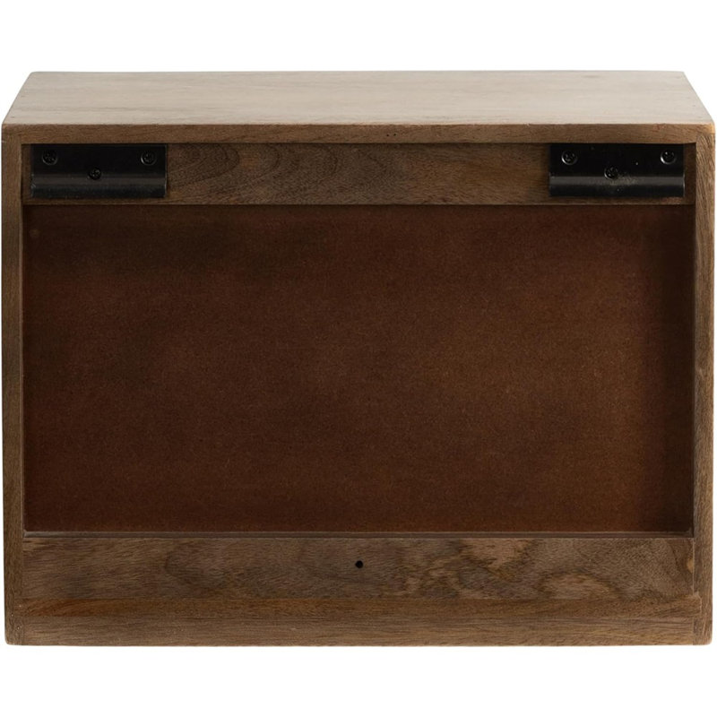 Modern Floating Shelf Side Table With Storage Cubby, Natural Wood, Decorative Slatted Wood Floating Nightstand With Pull Down Door For Use As Bathroom Storage