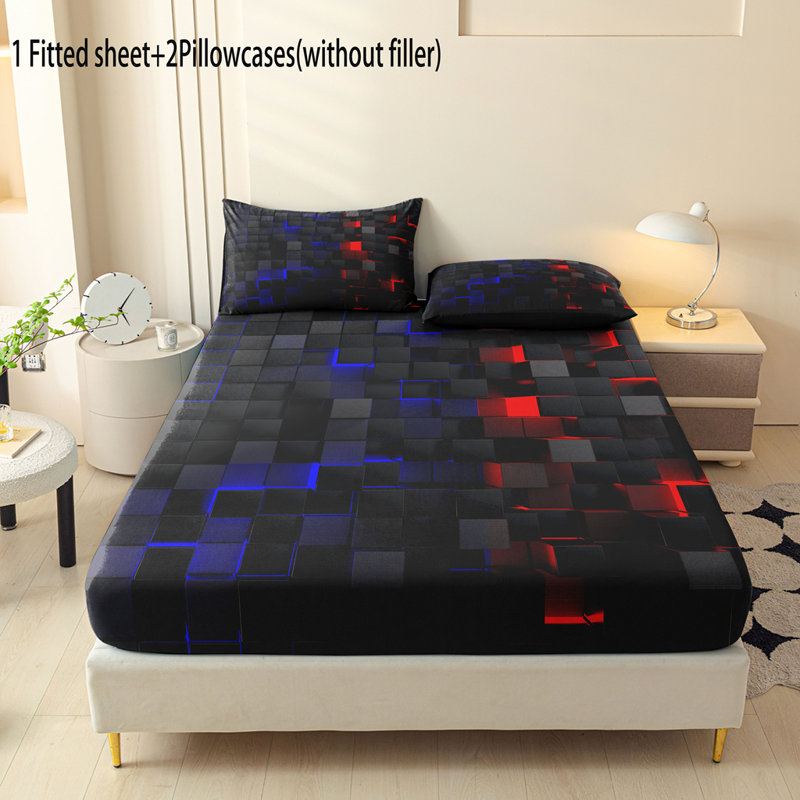 Orylavena 3D Black Cubes Fitted Sheet Set, Blue and Red Glow Geometric Microfiber Bedding, Digital Print, Twin Full Queen King, No Pillow Insert Included
