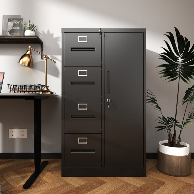 Steel Storage Cabinet With 4 Drawers, 1 Door, And Side Wardrobe, Easy To Clean, Ideal For Bedroom Vertical Filing Cabinet, Black, Made From Cold - Rolled Steel, Full Extension Bearing Suspension,