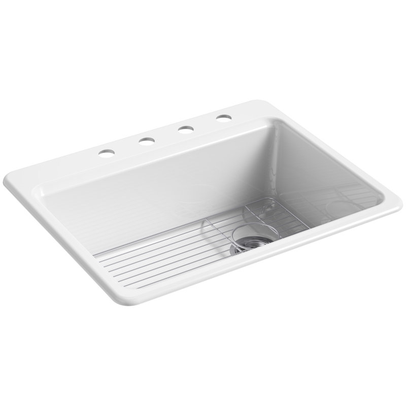 Riverby 27" L x 22" W Drop-In Kitchen Sink, White, 4 Hole