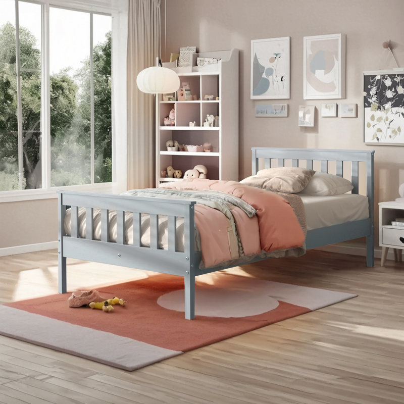 Structure de lit simple Clerise avec tête et pied de lit, plateforme en bois avec 13 lattes de bois, aucun sommier requis, assemblage facile, style maison de campagne pour chambre d'enfant simple (38 x 75)