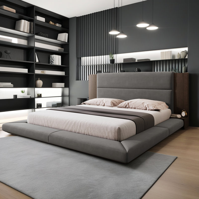 ? Lit plateforme tapissier moderne - conception à profil bas avec tête de lit en bois et tablettes intégrées, velours gris, aucun sommier tapissier nécessaire?