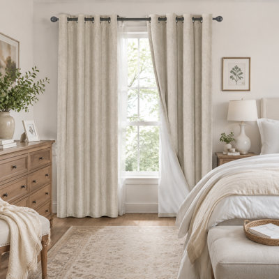 Rideaux occultants 100% lin de couleur naturelle - Rideaux texturés à œillets de 84 pouces pour chambre à coucher et salon - Ensemble à 2 panneaux doublés de blanc (occultant total et écoénergétique)