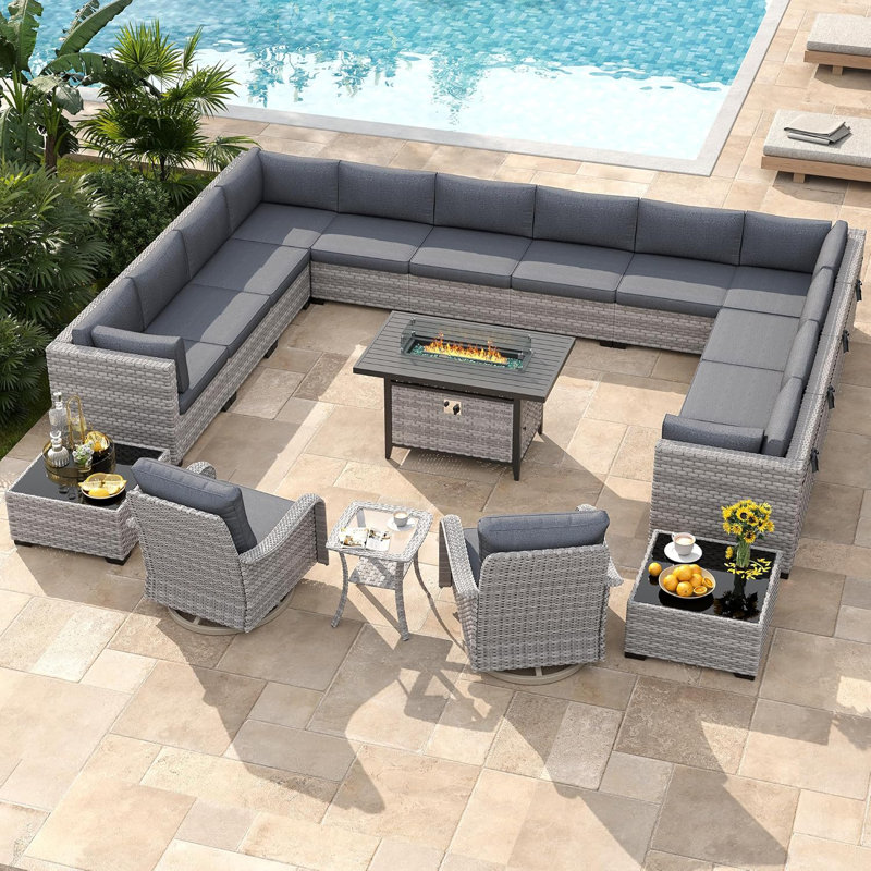14 - Person Outdoor Wicker Patio Conversation Furniture Set with Fire Pit Table, Black