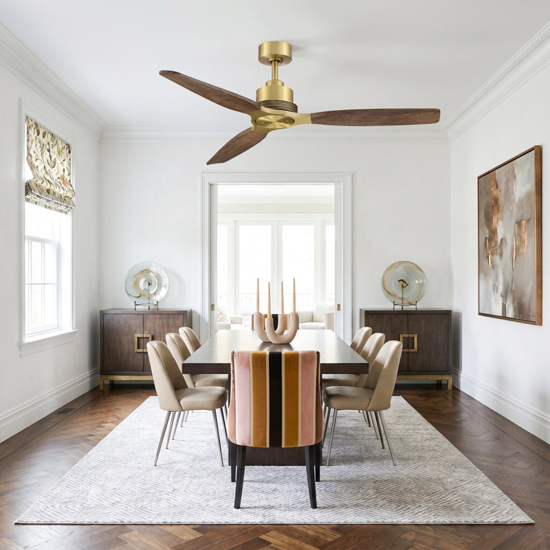 56" Solid Wood 3-Blade Ceiling Fan with Remote Control No Light Kit