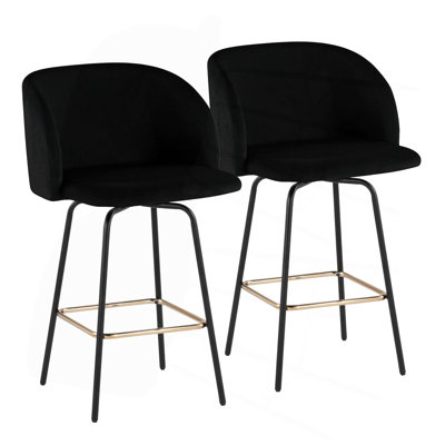 Tabouret de comptoir à hauteur fixe avec pivot en métal noir et velours avec repose-pieds carré en métal doré - ensemble de 2