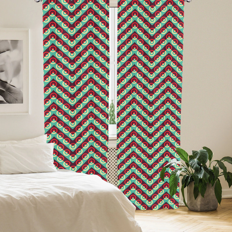Retro Geometric Maroon and Sea Green Polyester Curtain Panels