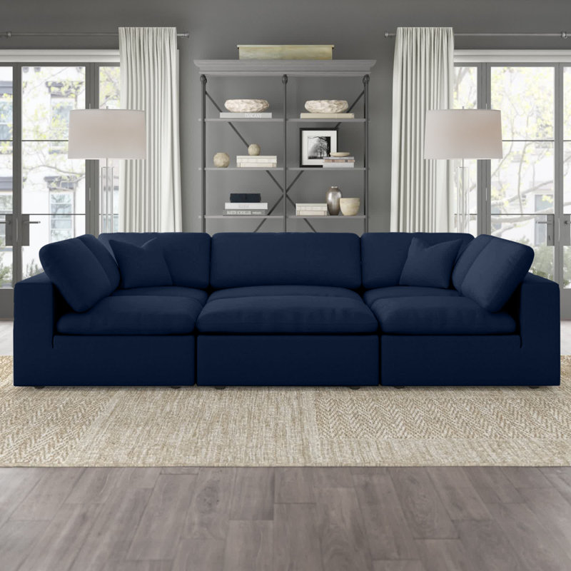 Burrows Upholstered U-Shaped Sectional Reversible, Navy Linen Textured Fabric