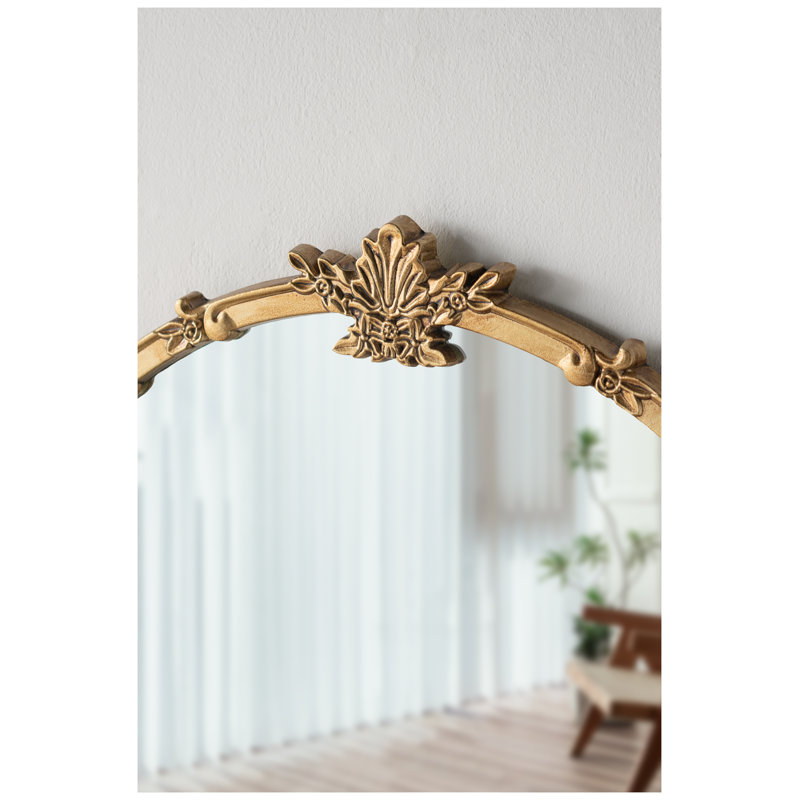 30x31 Inch Round Wall Mirror with Gold Finish and Decorative Leaf Crest, Rococo Inspired MDF Frame