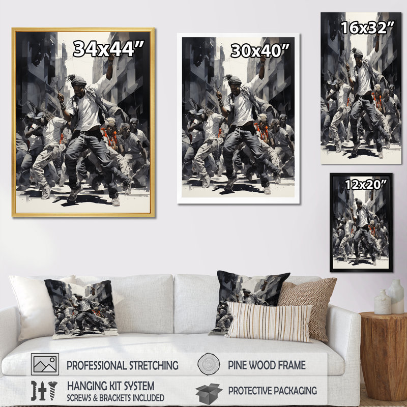 «Black and White Hip Hop Dance», art mural sur toile, Cadre simple noir, H 32 po x l 16 po x P 1 po