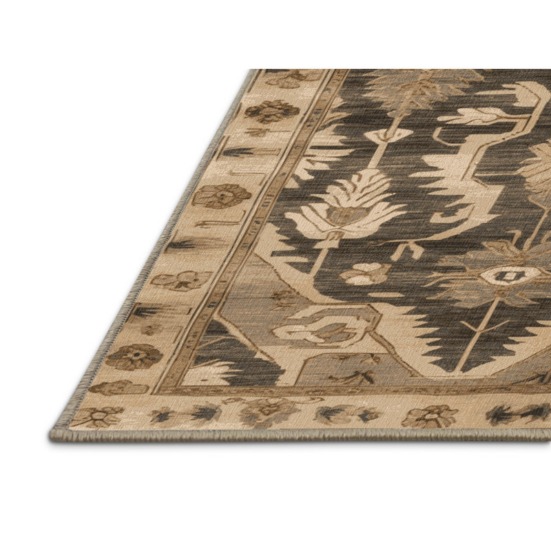 Tapis art déco brun lavable à la machine, Rond 3 pi