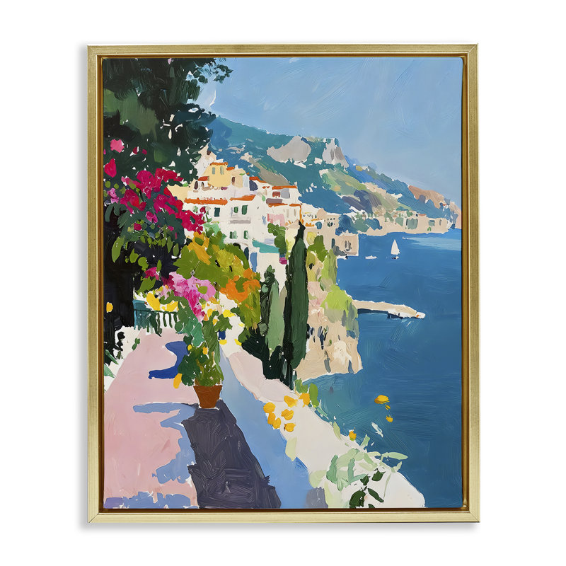 Cadre flottant côtier italien, design par Riley B, H 31 po x l 25 po, Cadre flottant métallique doré