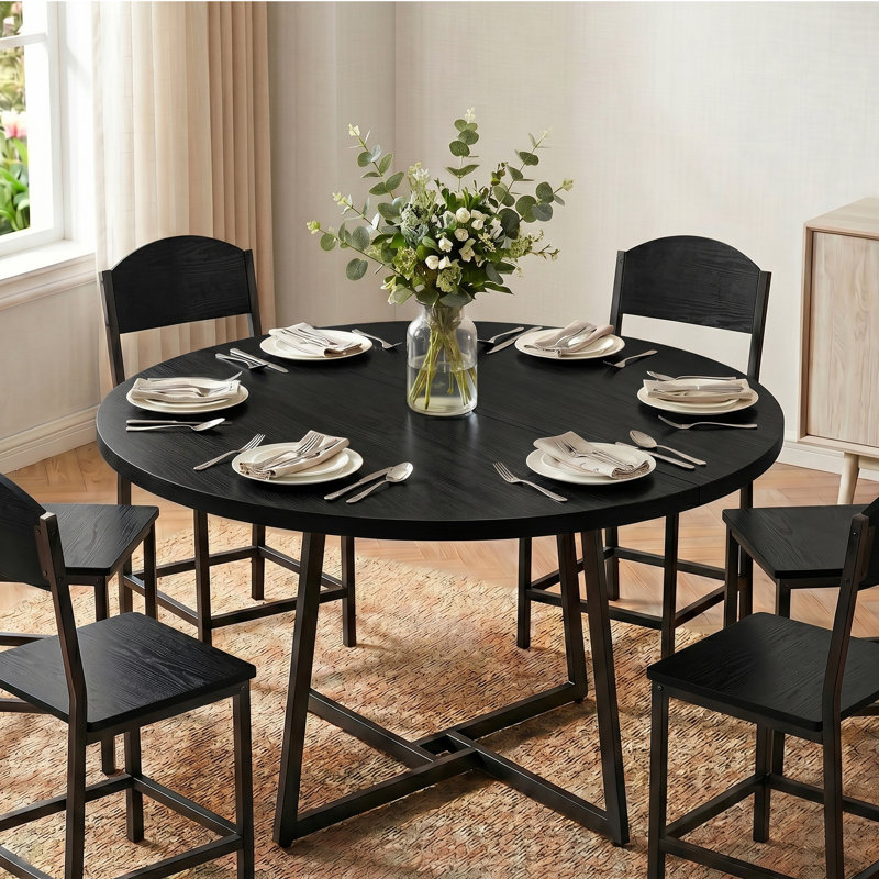 Table de salle à manger ronde Garrell 42,1 po de largeur, 6 personnes, en bois fabriqué, Black