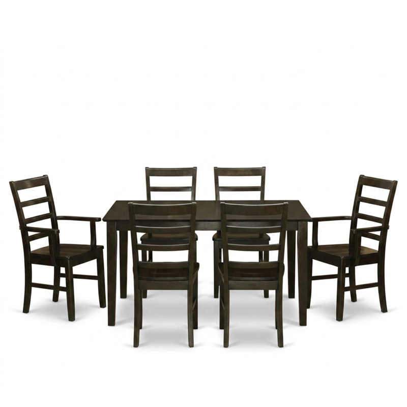 Cappuccino Asian Solid Wood Rectangular Dining Room Table Set With 6 Solid Wood Seat Chairs