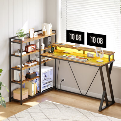52'' L Shaped Gaming Desk with Storage Shelf and Monitor Stand, Corner Computer Desk with Power Outlet and LED Light