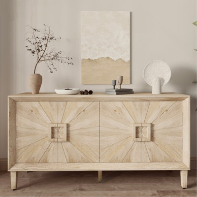 Crédence de style campagnard rustique américain de 60 po de qualité supérieure avec porte de soleil symétrique élégante, meuble télé robuste avec tablettes réglables, armoire de rangement en bois