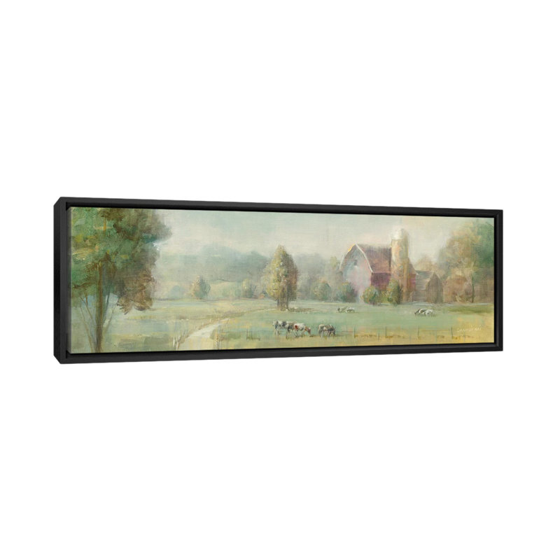 «Tranquil Farm» par Danhui Nai, reproduction d'art panoramique sur toile, H 16 po x l 48 po x 1,5 po, Toile avec cadre noir