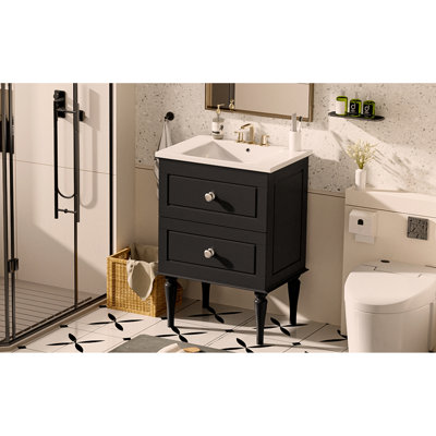 Ensemble de meuble-lavabo 24 po avec lavabo en céramique, armoire de rangement moderne à 2 tiroirs avec cadre en bois massif