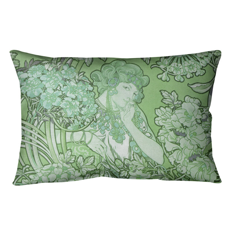 Coussin lombaire à fleurs alphonse mucha, Vert, Faux lin