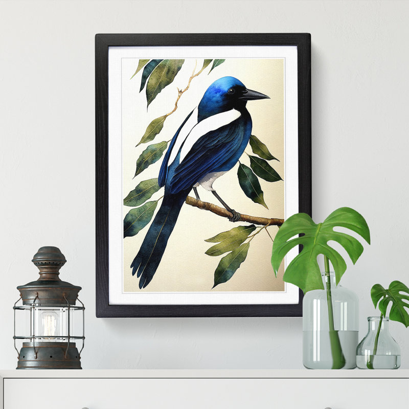 Watercolour Magpie Bird - Single Picture Frame Print, 64cm H x 46cm W x 2cm D, Walnut