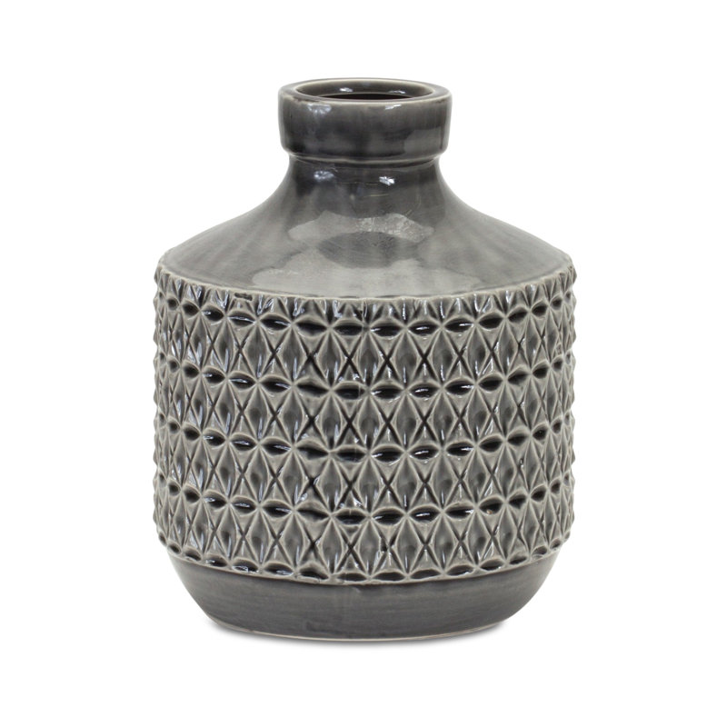 Gray Geometric Cylinder Terracotta Table Vase, 10" H x 6.5" W x 6.5" D