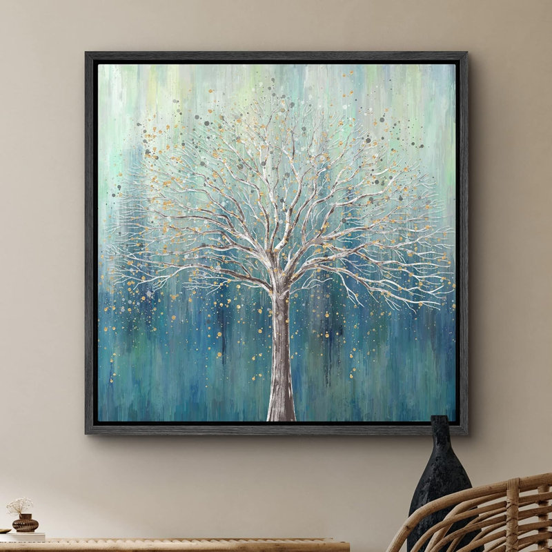 Teal Dots On A Tree Nature Illustration Modern Art Rustic Relax Calm Wall Art Framed Canvas Prints, 16" H x 16" W x 1.5" D