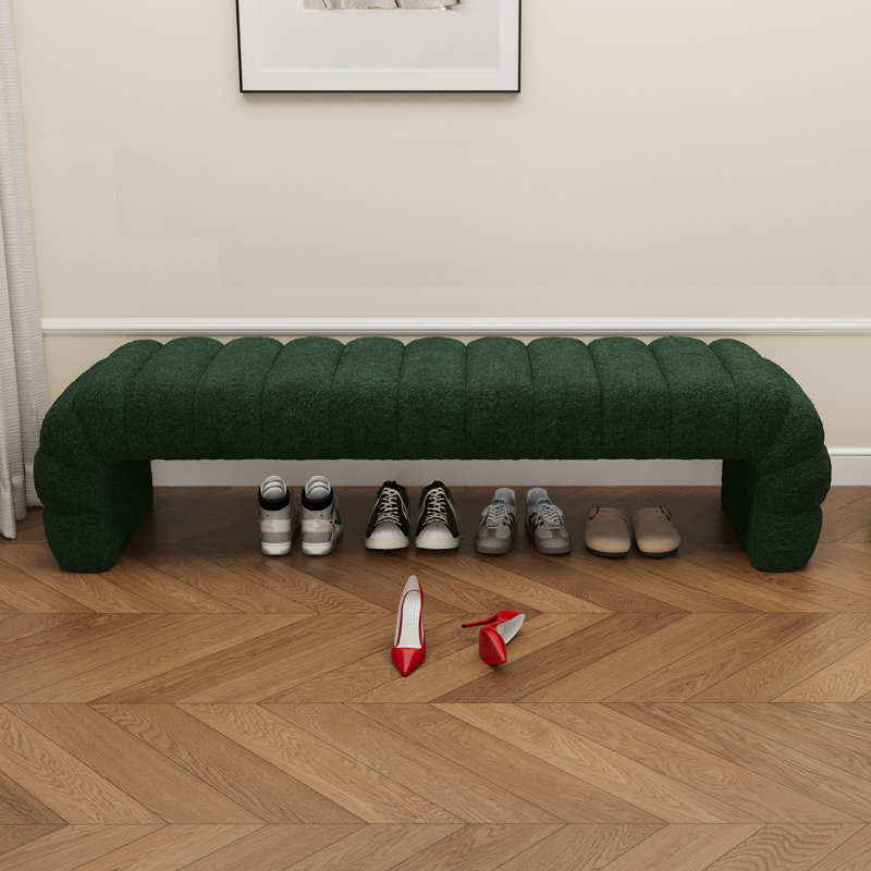 Modern  Chenille Upholstered Bed Bench,channel Tufted Ottoman, Green
