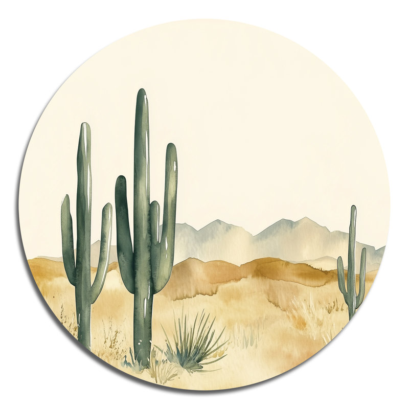 «Soft Desert Cactus I» - art mural rond en métal vert, H 36 po x l 36 po