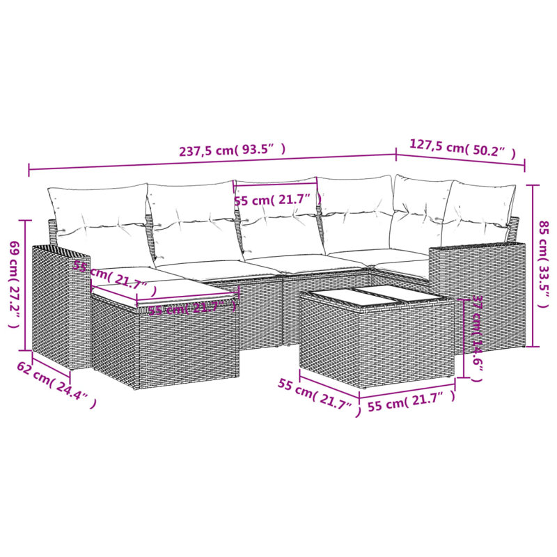 Ensemble de canapé de patio 7 pièces avec coussins en rotin de polyester, Rouge, Brun