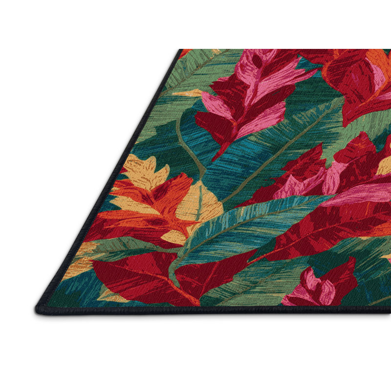 Machine Washable Botanical Red Area Rug