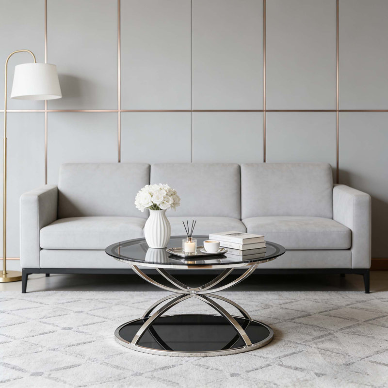 Table basse 31,50 "en verre avec 2 niveaux, cadres en forme d'anneau, Argent