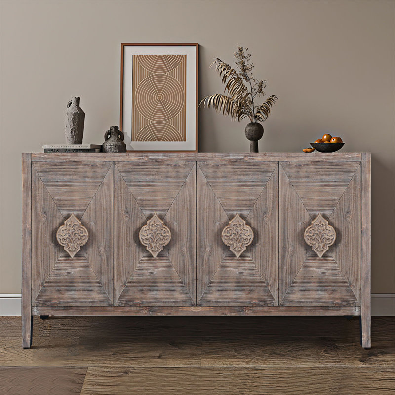 Antique Brown Carved Wood Four-Door Sideboard