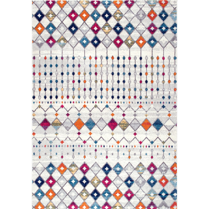 Clair Moroccan Power Loom Performance Ivory, Beige, Gray, Blue, Orange, and Magenta Rug, Rectangle 5' x 7'5"