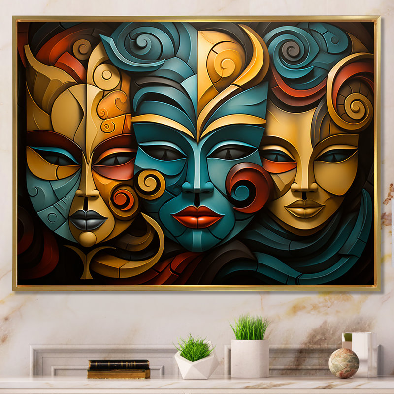 Chine, masques d'opéra jaunes et bleus III - art mural chinois, H 30 po x l 40 po x P 1,5 po, Cadre flottant doré