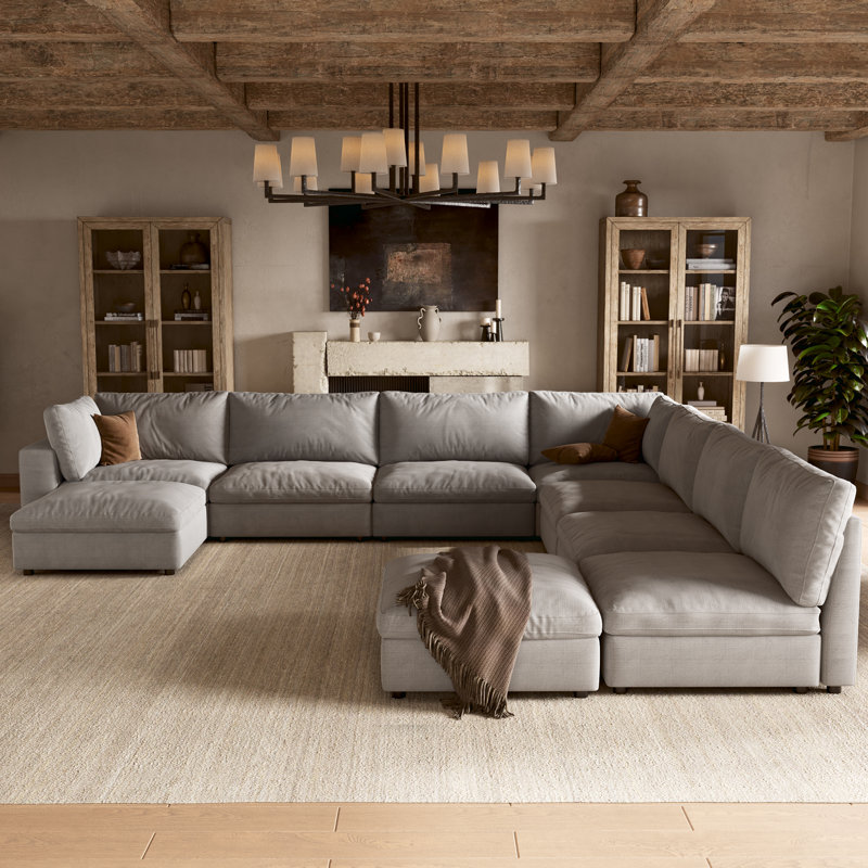 Canapé modulaire rembourré 9 pièces avec rangement 9 pièces 142 po, Lin blanc, H 37,6 po x l 142 po x P 129 po