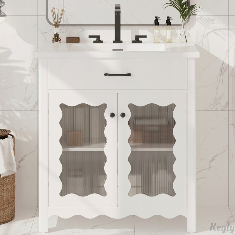 Meuble-lavabo 31 po avec verre trempé, Blanc/Noir