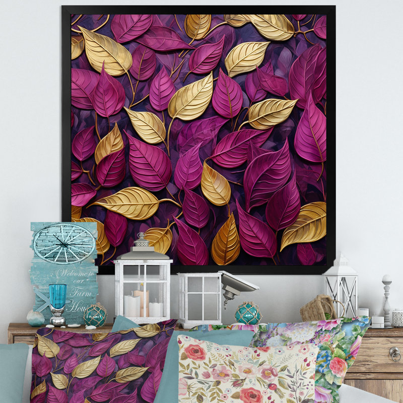 Feuilles dorées et roses charmantes I, Cadre simple noir, H 30 po x l 30 po x P 1 po