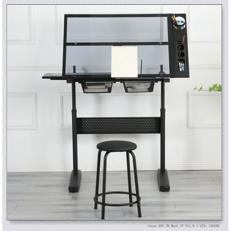 hand crank adjustable drafting table drawing desk with 2 metal drawers WITH STOOL