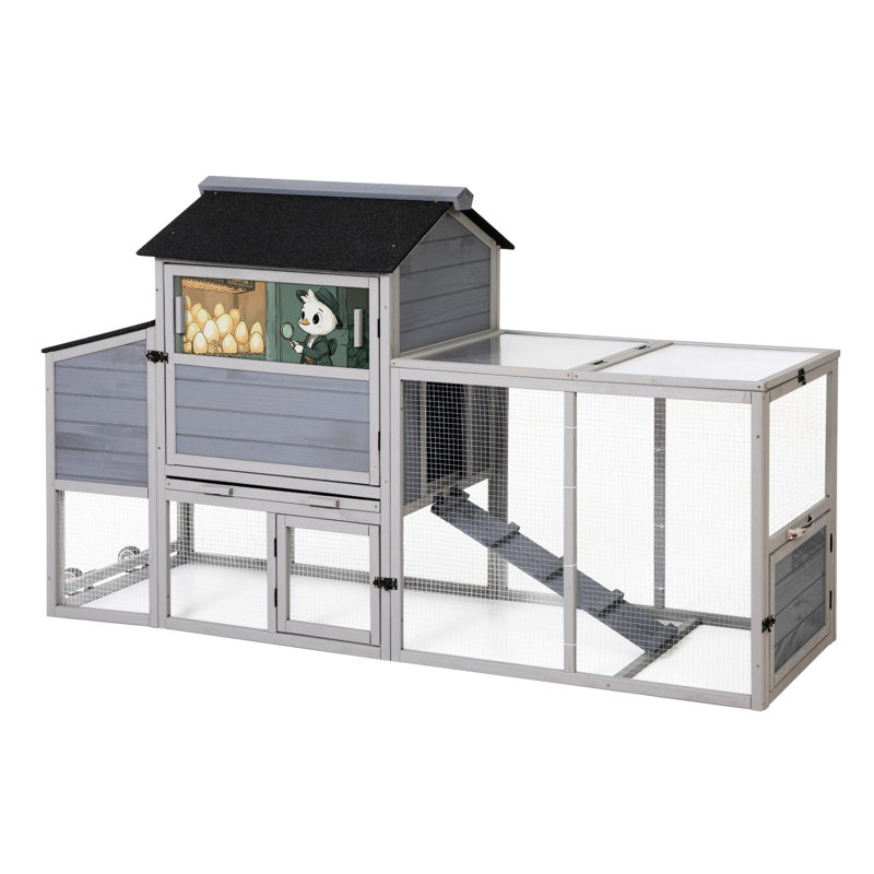 Poulailler pour petits animaux avec chambre de nidification, aire de repos et portes, motifs colorés gris, boîte de système de mobilité adaptable, roues, couleur