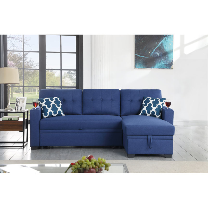 Upholstered L-Shaped Sectional Reversible, Blue Polyester Blend