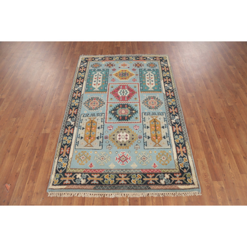 Tapis bleu clair à motif géométrique indien clair Kazak 4 x 6