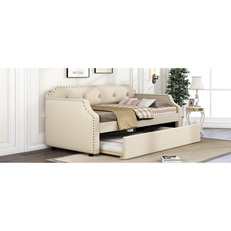 Lit gigogne simple pour lit simple, revêtement en lin beige, pour chambre de dortoir, Beige