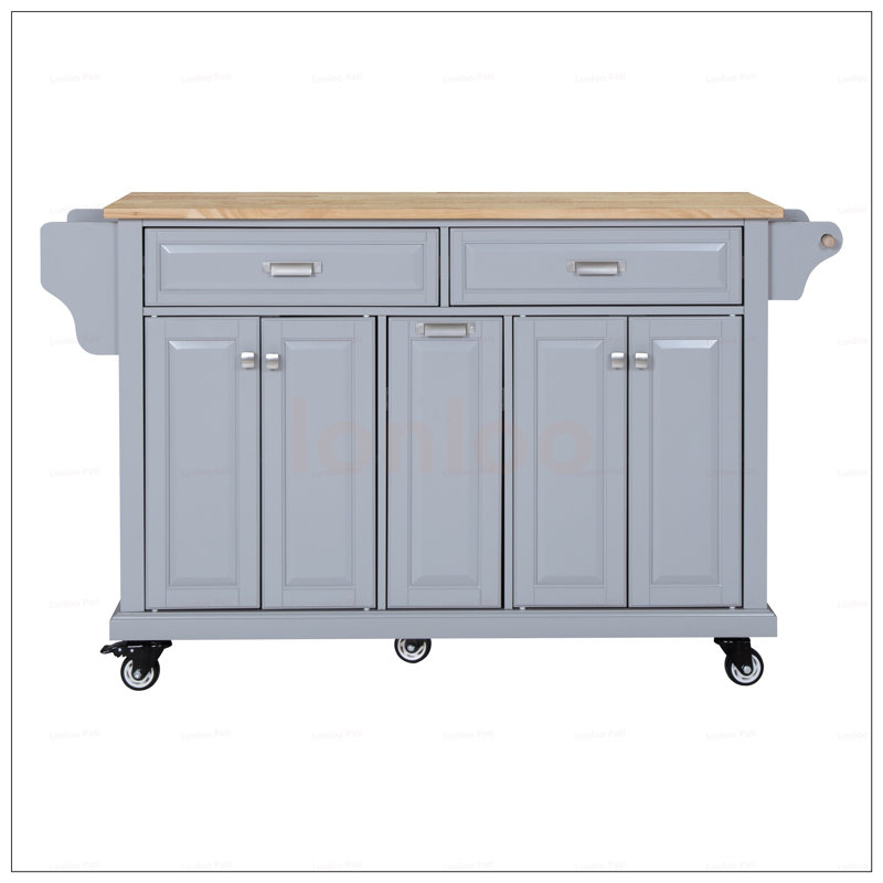 Durable Kitchen Island With Rubberwood Countertop, Spacious Storage, And 5-Wheel Mobility For Enhanced Cooking Convenience