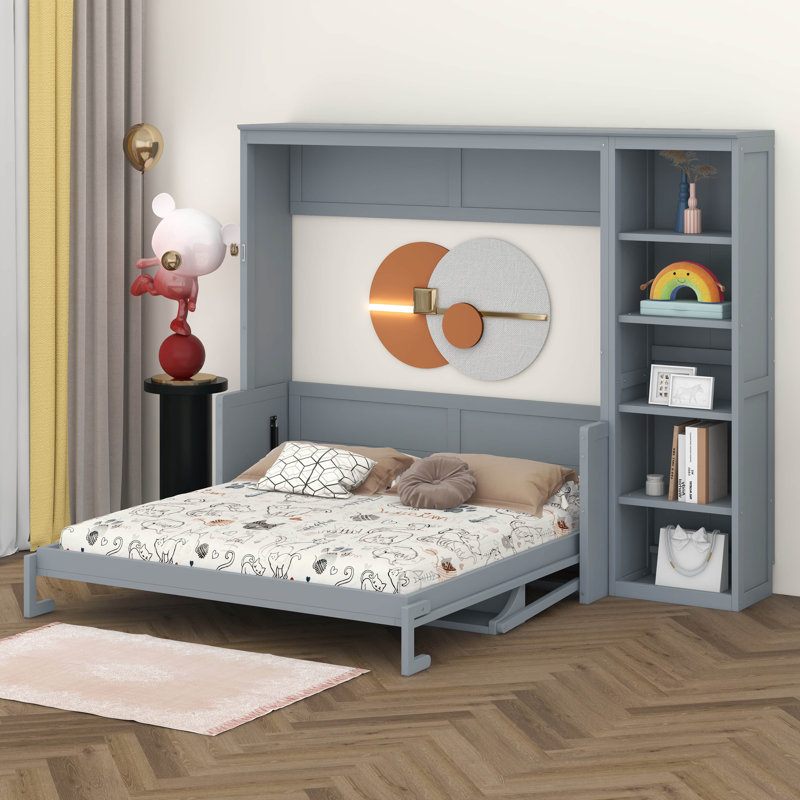 Lit escamotable avec bureau, lit escamotable mural en bois avec bureau, cadre de lit mural peu encombrant avec tablettes de rangement