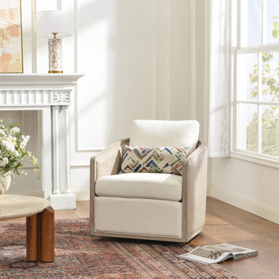 Linen Blend Solid Wood Cane Swivel Chair