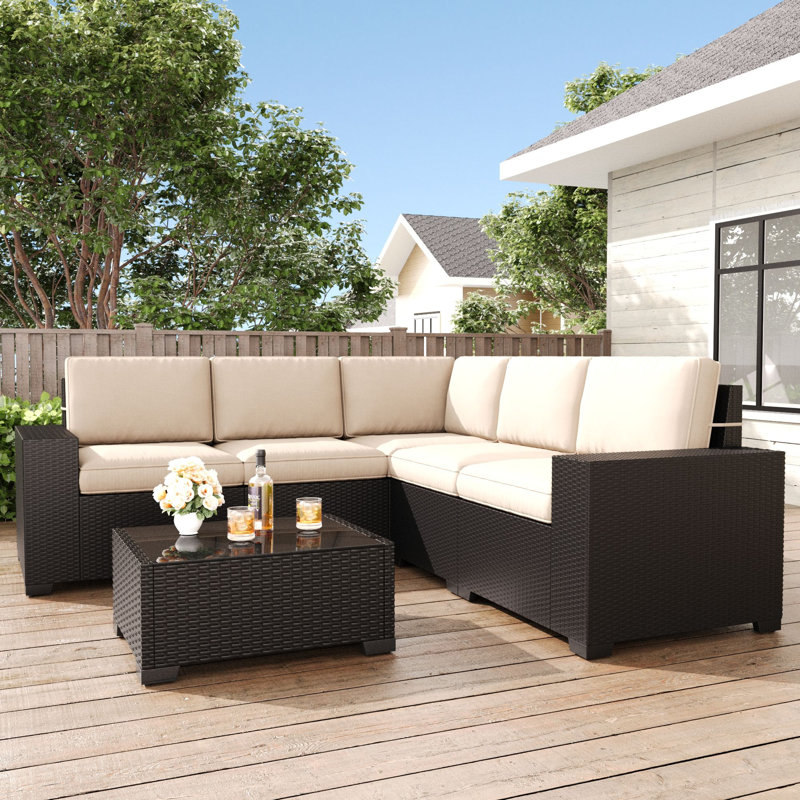  Ensemble de meubles de patio 6 pièces, ensemble de conversation modulaire en rotin noir, Beige, Noir